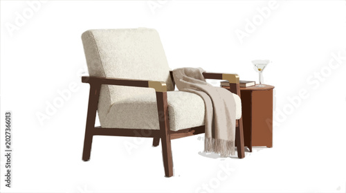 Modern armchair with a cozy throw blanket and a side table featuring a cocktail on transparent background