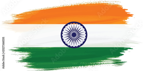 Brushstroke indian flag illustration saffron white and green horizontal bands with ashoka chakra