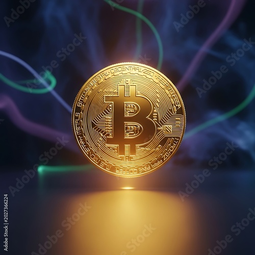 Glowing Golden Bitcoin Coin Floating in Abstract Digital Light Background