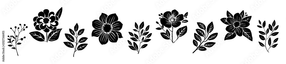 Fototapeta premium Silhouettes of blossoms and leaves in black and white. Delicate petals and varied leaf shapes create natural rhythm. Each plant form stands alone, uncluttered, minimalist design