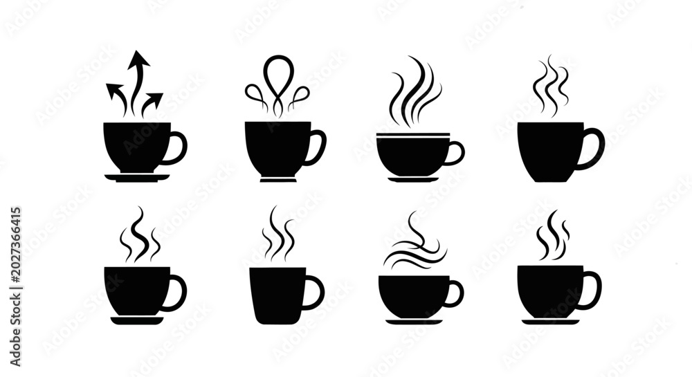 Fototapeta premium Set of eight black coffee cup icons with various stylized steam designs including arrows loops and wavy lines on a simple white background
