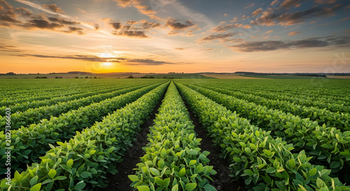 Vast green soybean field at sunset with rows of crops stretching to the horizon under a dramatic golden hour sky