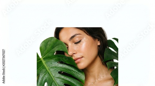 Beautiful young woman with healthy glowing skin posing with tropical green monstera leaves