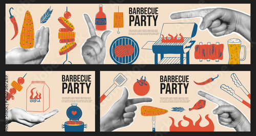 Collage set of barbecue party banners. Vintage halftone hands, doodle grill station, meat, skewers, corn and beer. Summer picnic template design