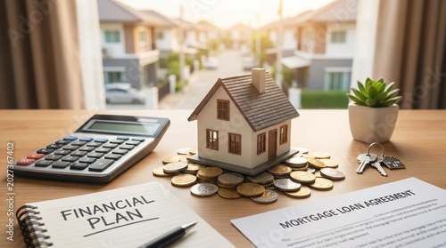 Real estate financial planning with miniature house model calculator and mortgage loan agreement