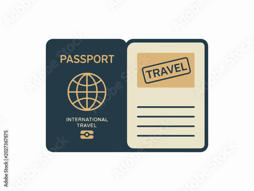 Open passport with TRAVEL stamp international document for global journey flat vector illustration for travel and tourism concepts