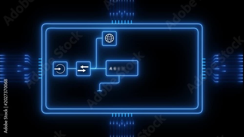 Agentic AI Network Interface with Connected Web, Phone and Location Icons in Neon Circuit Panel, Futuristic HUD Motion Background