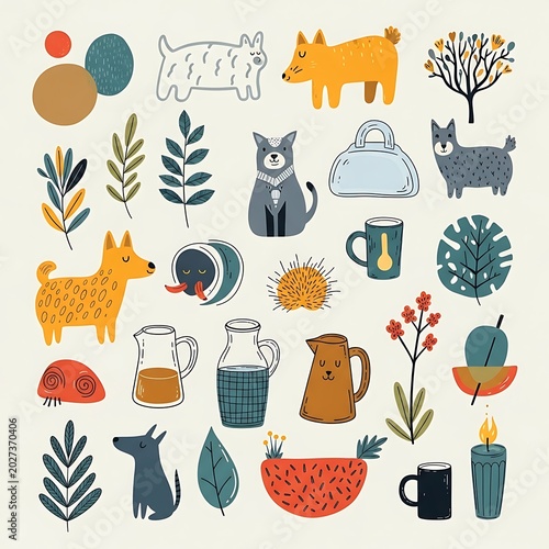 Whimsical Hand Drawn Animals Plants and Kitchen Objects Arranged on Cream Background