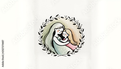 Schilderij op canvas Mother and daughter hugging tenderly framed by a floral wreath, isolated on tran