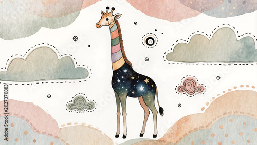 Fotografie Whimsical giraffe with starry body and striped neck, isolated on transparent bac