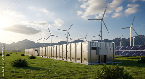 Industrial battery energy storage system with wind turbines and solar panels in a rural landscape