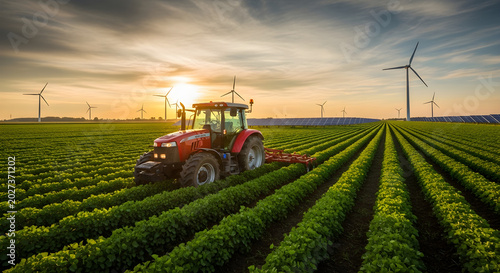 Red tractor working in a green field with wind turbines and solar panels at sunset