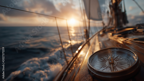 Sailing into the Sunset: A vintage compass rests on the wooden deck of a sailboat as it glides across the ocean, with the golden sun setting majestically on the horizon.
