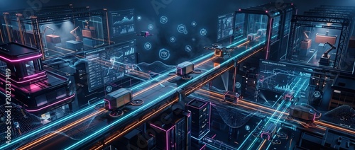 Automated warehouse with autonomous vehicles moving cargo on glowing blue and orange transport lines