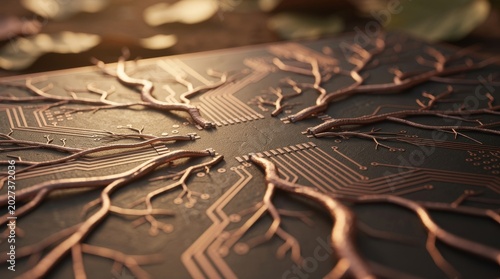 Copper Circuitry Fused With Organic Roots on Dark Surface