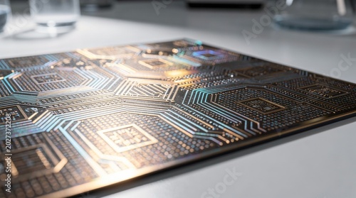 Detailed Electronic Circuit Board With Reflective Metallic Traces