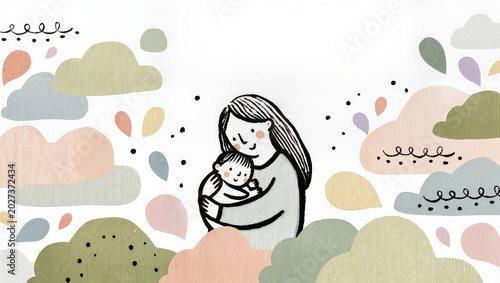 Photos Mother holding baby tenderly surrounded by soft pastel clouds, isolated on trans