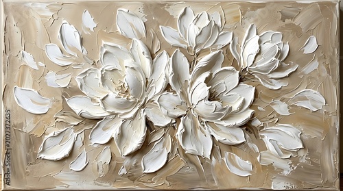 3D Textured White Flower Palette Knife Oil Painting on Beige