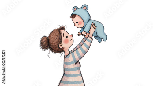 Canvastavla Mother holding baby in blue bear costume, isolated on transparent background