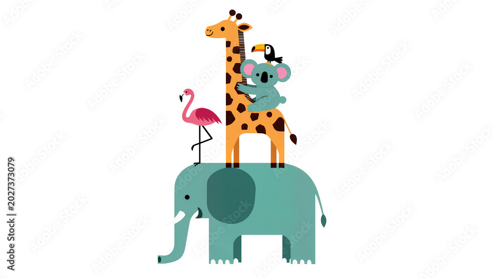 Fototapeta premium Cute cartoon animals stacked on top of each other, isolated on transparent background