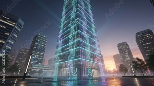 Futuristic Skyscraper with Neon Circuit Design in Urban Night Cityscape