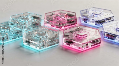 Glowing Hexagonal Electronic Circuit Boards With Vibrant Lighting