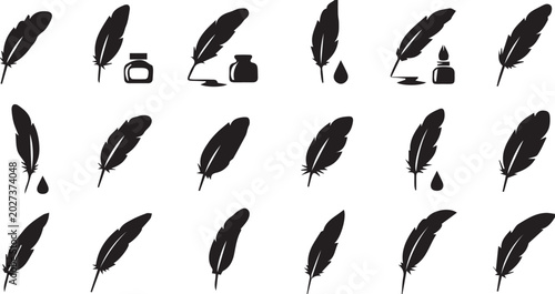 Foto Black feather quill pen icons with inkwell