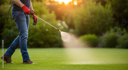 Gardener spraying fertilizer or pesticide on green lawn at sunset