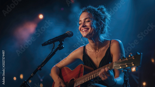 Young woman performing with acoustic guitar on stage amidst vibrant lights and smoke in a joyful concert atmosphere
