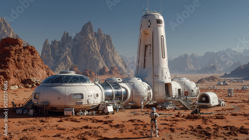 Futuristic mars colony with spacecraft and astronaut in rocky desert landscape, concept of space exploration