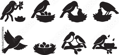 Foto Black bird silhouettes with nests and eggs