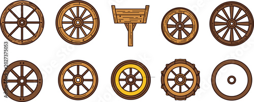 Vintage Wooden Wagon Wheel Vector Illustration Set Isolated on White Background