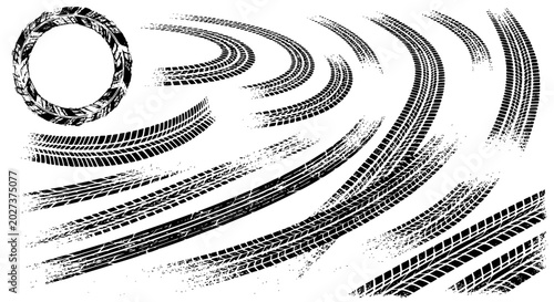 Tire tread marks after skidding, launch, drift, powerslide in motorsport, rally, off-road, motocross. Wheel texture with splash effect. Vector, transparent background SVG version.