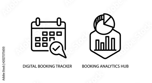 Digital booking tracker and booking analytics hub infographic icons