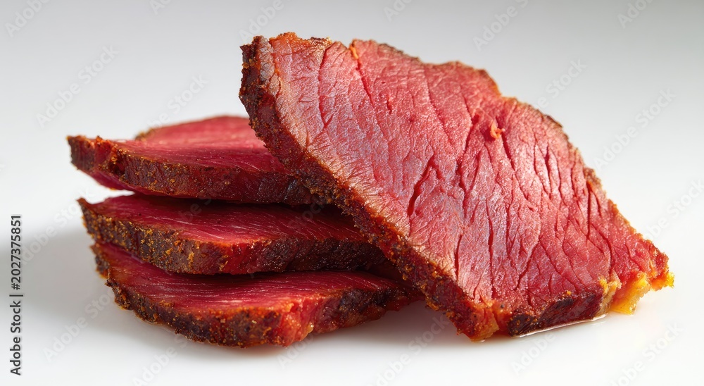 Fototapeta premium Sliced cured red meat with visible grain and a dark seasoned crust
