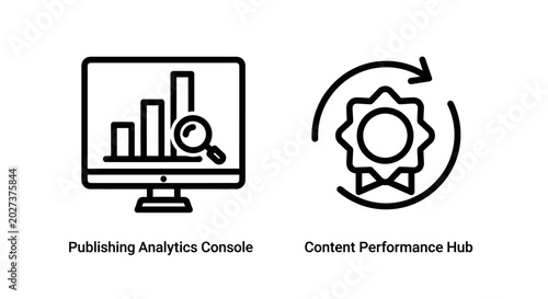 Publishing analytics console and content performance hub line icons