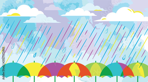 Bild auf Leinwand Monsoon season flat design banner with rainy weather raindrops and vibrant umbre