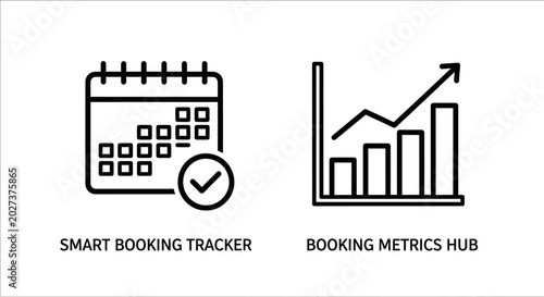 Smart booking tracker and booking metrics hub black line icons with two business