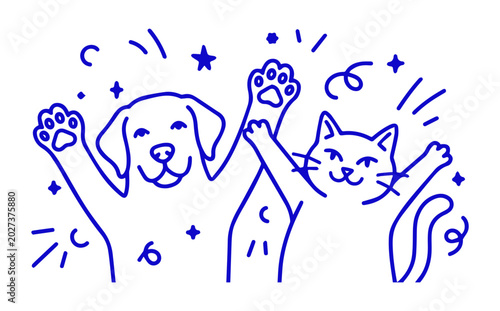 Cute Dog and Cat Line Art Illustration with Raised Paws. Funny Pet Doodle Vector in Blue Outline Style