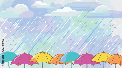 Fotografía Colorful rain vector background with cute pastel umbrellas and clouds illustrati