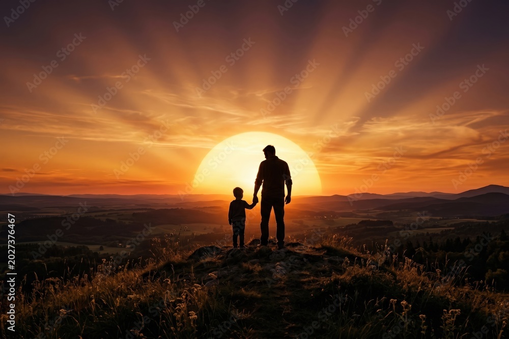 Fototapeta premium Father And Son Hilltop Sunset Artwork