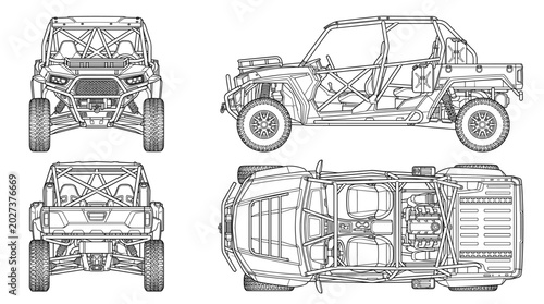 Military ATV vehicle technical drawing blueprint with front side back and top views CAD line art vector illustration