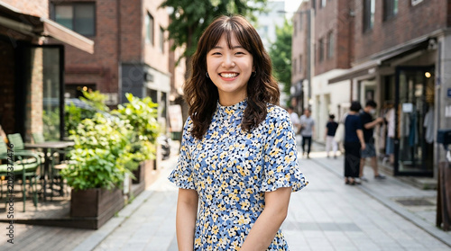 a beautiful young woman walking in the city street with smiling cute face