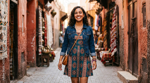 a beautiful young woman walking in the city street with smiling cute face