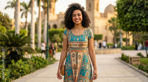 a beautiful young woman walking in the city street with smiling cute face