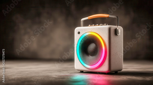 Portable speaker sits on a table with colorful lights and a modern design in a softly lit room during evening hours