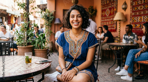 a beautiful young woman walking in the city street with smiling cute face
