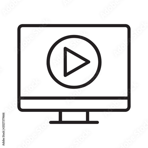 Simple outline vector illustration of a desktop computer monitor screen featuring a central play button symbol for digital video playback.