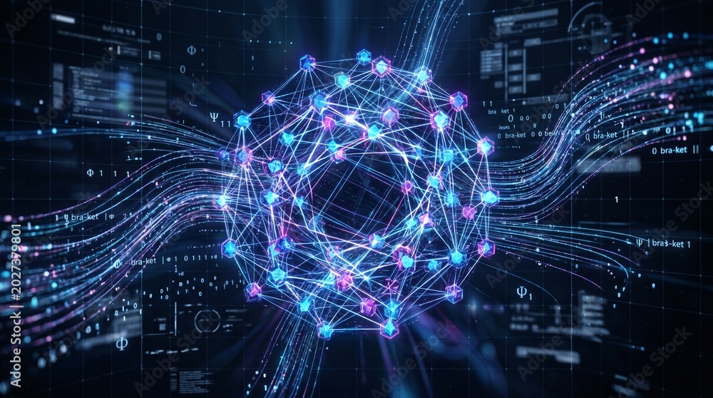 Obraz premium Abstract digital network with glowing nodes and data streams representing AI, big data, and advanced technology concepts.