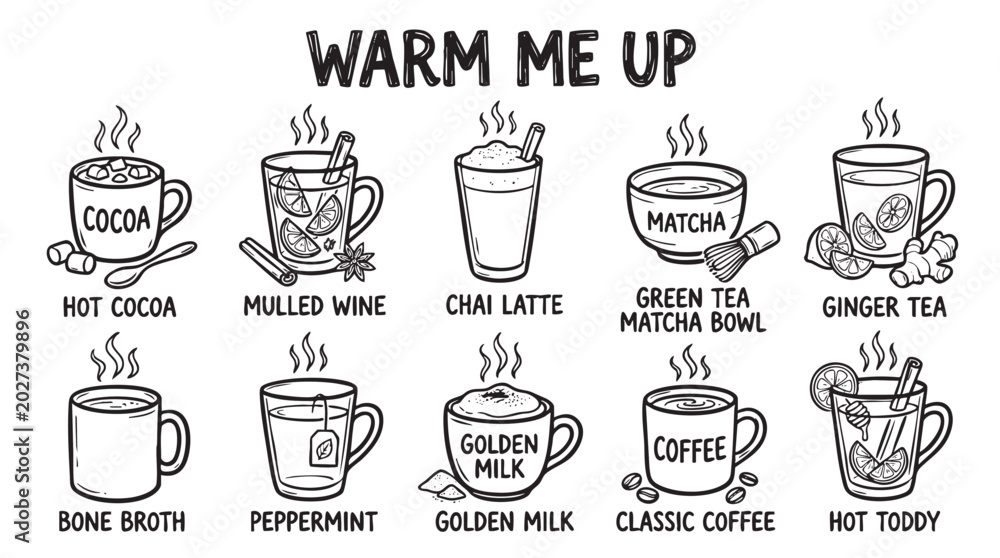 Fototapeta premium Warm beverages vector icons set featuring coffee and tea mugs.